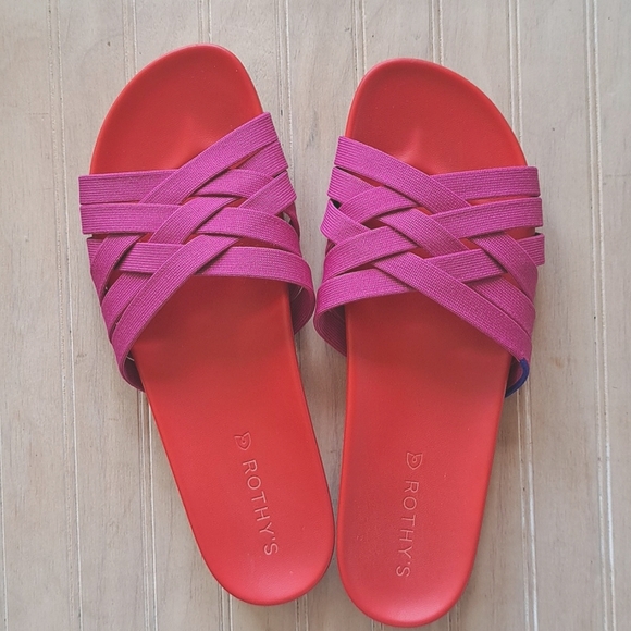 Rothy’s Crossover Woven Cherry Red Vibrant Colorful Comfort Knit Slide Sandals - Picture 1 of 10